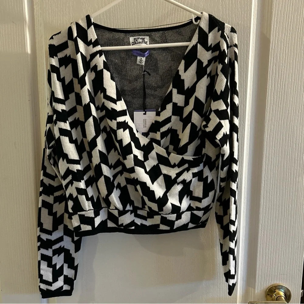 Black & White Geometric Wrap Sweater - Future Collective